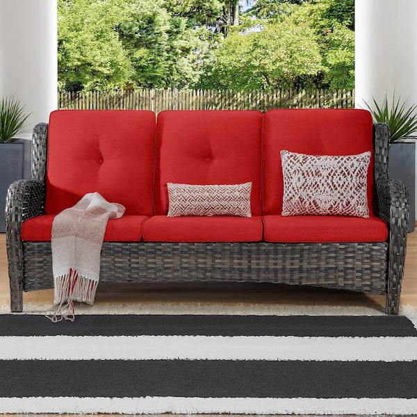 Gardenbee 3-Seat Wicker Outdoor Patio Sofa Sectional Couch with Red Cushions