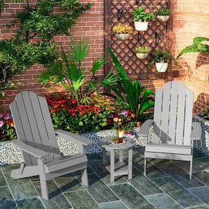 Grey 3-Piece Plastic Folding Adirondack Chair with Side Table