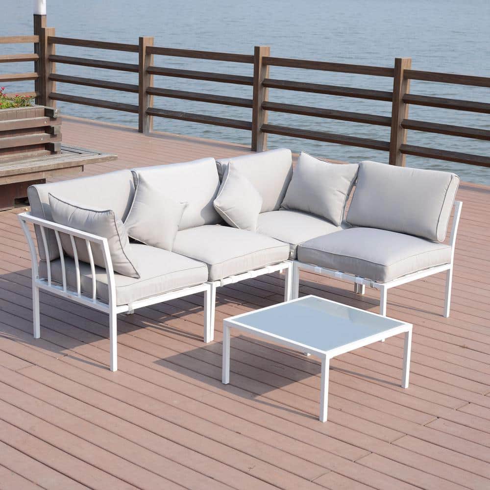 Outsunny 4-Piece Steel Patio Conversation Set with Grey Cushions, Loveseat, 2 Sofa Chairs, and Coffee Table -  84B-110