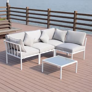 4-Piece Steel Patio Conversation Set with Grey Cushions, Loveseat, 2 Sofa Chairs, and Coffee Table