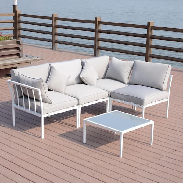 Outsunny 4-Piece Steel Patio Conversation Set with Grey Cushions, Loveseat, 2 Sofa Chairs, and Coffee Table
