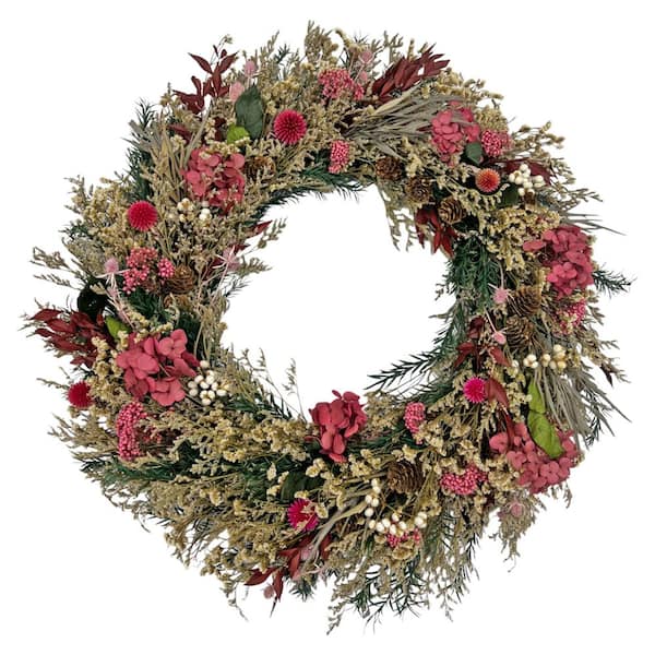 castellousa Green 20 in. Non Artificial Dried Preserved Decorative Hydrangea Sea Lavender Mix Wreath
