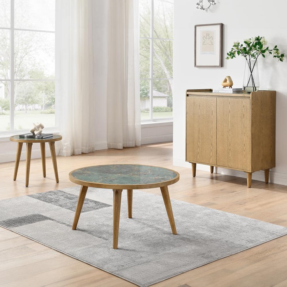22" Round Green Sintered Stone and Wood End Table