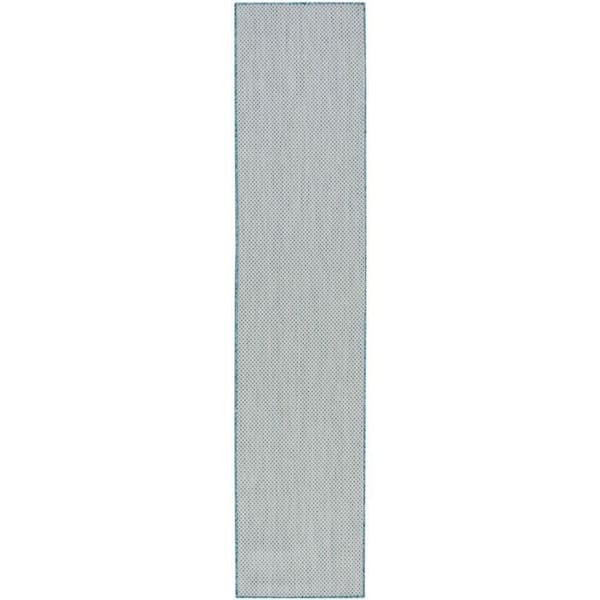 Courtyard Ivory/Aqua 2 ft. x 10 ft. Runner Solid Geometric Contemporary Indoor/Outdoor Area Rug