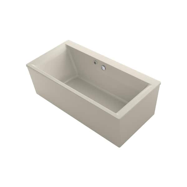 KOHLER Stargaze 72 in. Acrylic Flatbottom Freestanding Bathtub with Bask Heated Surface and Straight Shroud in Biscuit