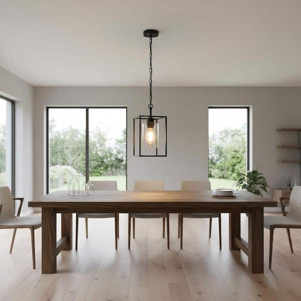 YANSUN 1-Light Black Modern Kitchen Island Pendant with Chain Hanging Light Fixture for Dining Room with Clear Glass Shade