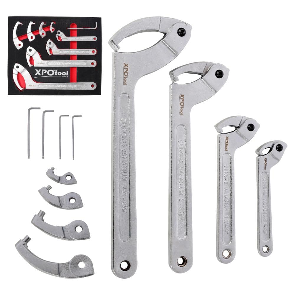 12-Piece Adjustable C Spanner Wrench Set, 50CR-V Steel, 4 Wrenches with 4 Adapters, Inch Sizes for Coilover & Repairs