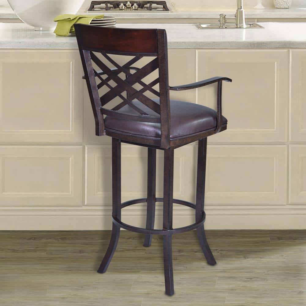 Brown Metal and Leather Swivel Counter Stool with Armrests