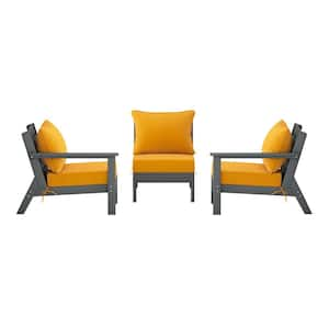 Birchwood Gray Arrangeable 3-Piece HDPE Deep Seating Outdoor Patio Conversation Sofa Arm Chair Set w/ Yellow Cushions