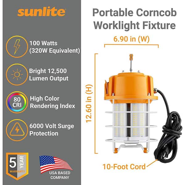Sunlite 12,500 Lumens Portable LED 100-Watt Temporary Job Site Hanging LED  Work Light with 360° Light and 10 ft. Power Cord HD02719-1 The Home Depot
