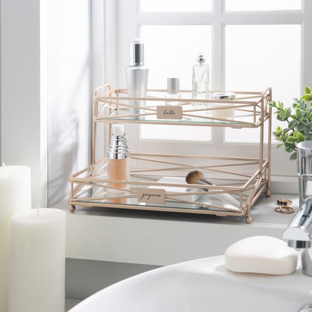 Rose Gold Metal and Glass 2-Tier Vanity Tower