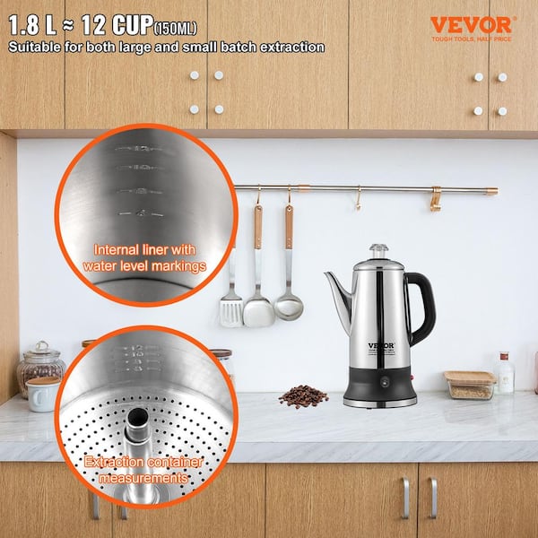 12-Cup Electric Percolator Coffee Pot, 304 Stainless Steel Coffee Percolator with Keep Warm Function