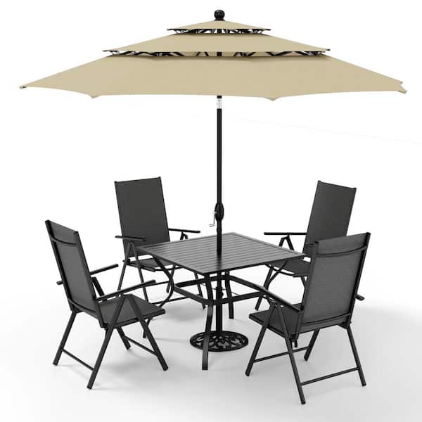 PHI VILLA 6-Piece Metal Patio Outdoor Dining Set with Black Folding Reclining Sling Chairs and Beige Umbrella
