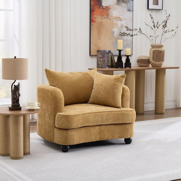 Denton Modern Yellow Chenille Upholstered Accent Arm Chair with Pillow, Round Solid Wood Legs