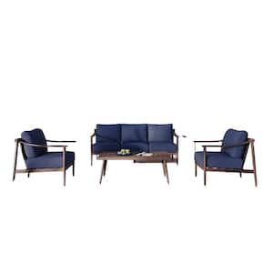 Brown 4-Piece Metal Patio Conversation Set with Blue Cushions