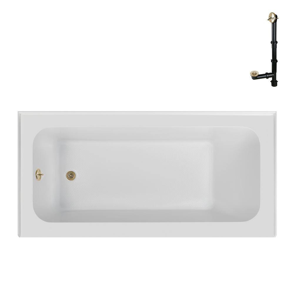 60-Inch Glossy White Acrylic Alcove Bathtub with Polished Brass Drain
