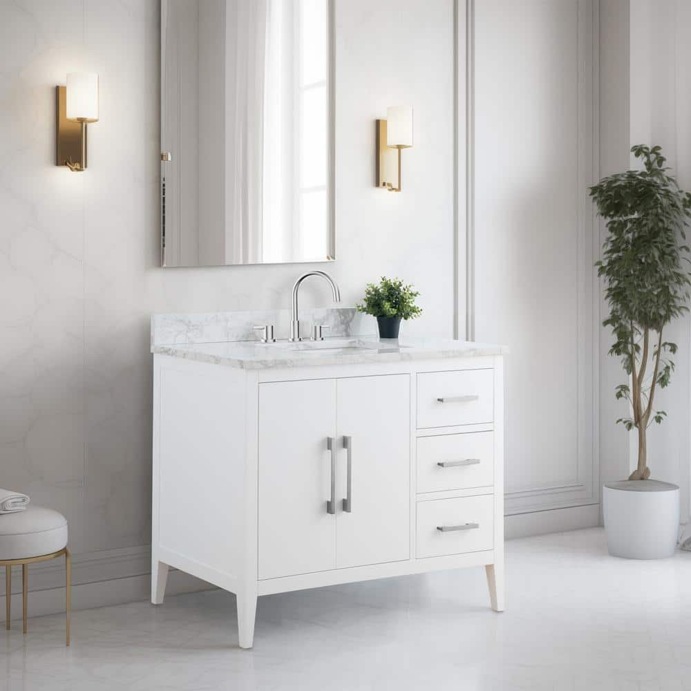 42'' White MDF Freestanding Single Bathroom Vanity with Engineered Marble Top