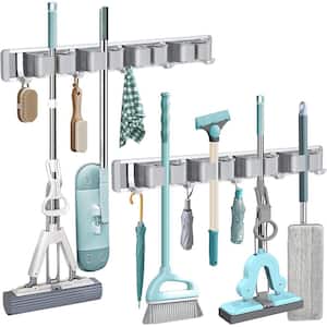(2-Pack) Mop & Broom Holder Wall Mounted Metal Tool Storage Organizer Rack, Silver, 4 Slots & 5 Hooks