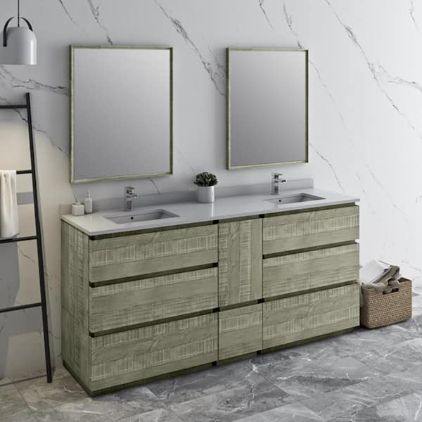 Formosa 72 in. Double Sink Freestanding Sage Gray Bath Vanity with White Quartz Top, Ceramic Sinks and Mirrors