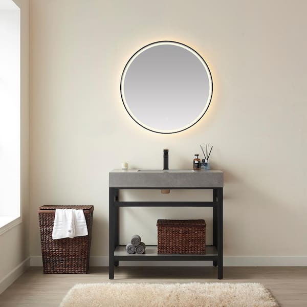 ROSWELL Funes 36 in. W x 22 in. D x 34 in. H Single Sink Bath Vanity in Matt Black with Grey Natural Stone Top and Mirror