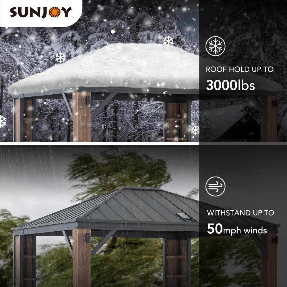 Sunjoy 12 x 14 ft Cedar Wood and Steel Hardtop Gazebo with LED Lighting and Bluetooth Sound