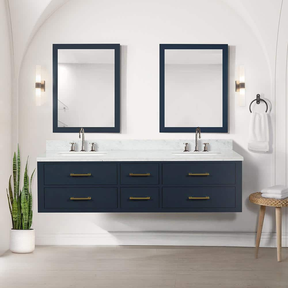 Sherman 72 in W x 22 in D Blue Double Bath Vanity, Carrara Marble Top, Faucet Set, and 34 in Mirror -  Lexora, LVSH72DE111