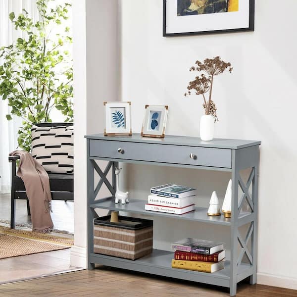 39 in. Gray Rectangle Wood Console Table with Drawer and Storage Shelves