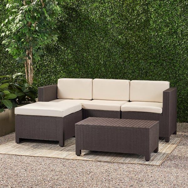 Noble House Kailani Dark Brown 5-Piece Faux Rattan Outdoor Patio Conversation Seating Set with Beige Cushions