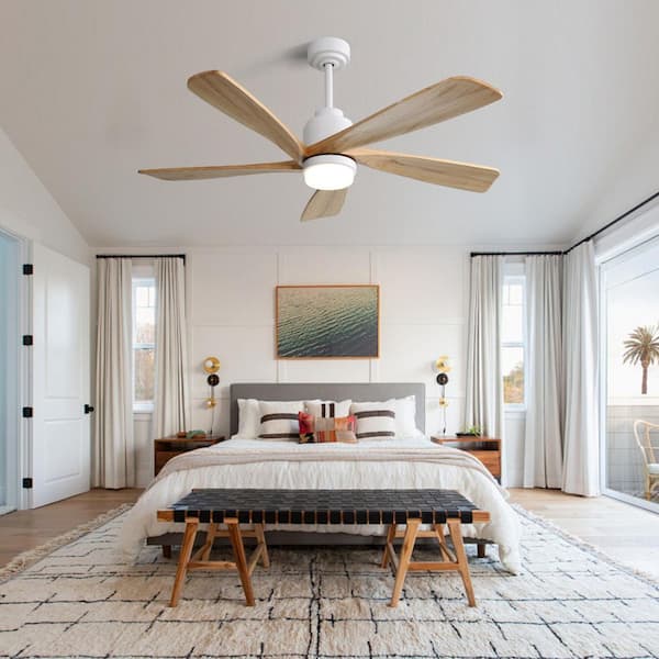 52 in. White Reversible DC Motor Downrod Mount Standard Ceiling Fan with Remote Control Dimmable LED Light 5 Wood Blades