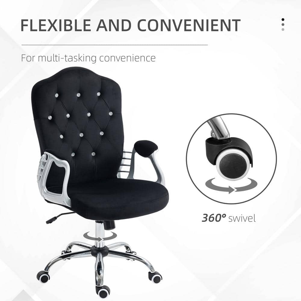 Black Velvet Button Tufted Swivel Task Chair with Fixed Arms