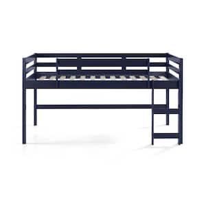 Twin Loft Bed with Wood Frame, Ladder and Child Rail for Kids, Navy Blue Finish