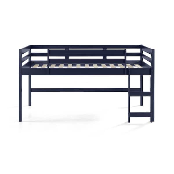 ANBAZAR Twin Loft Bed with Wood Frame, Ladder and Child Rail for Kids, Navy Blue Finish