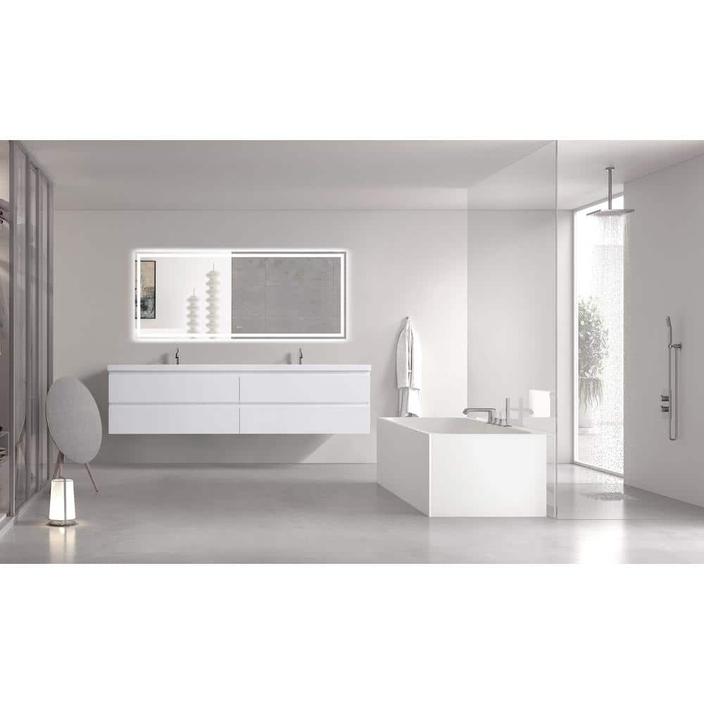 84" White Plywood Floating Double Sink Vanity with Resin Top