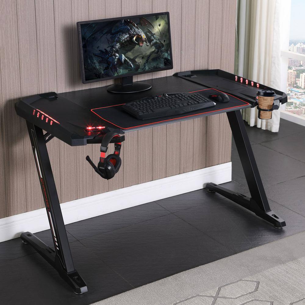 Z-Framed 51" Black Gaming Desk with RGB Lighting and Power Outlets