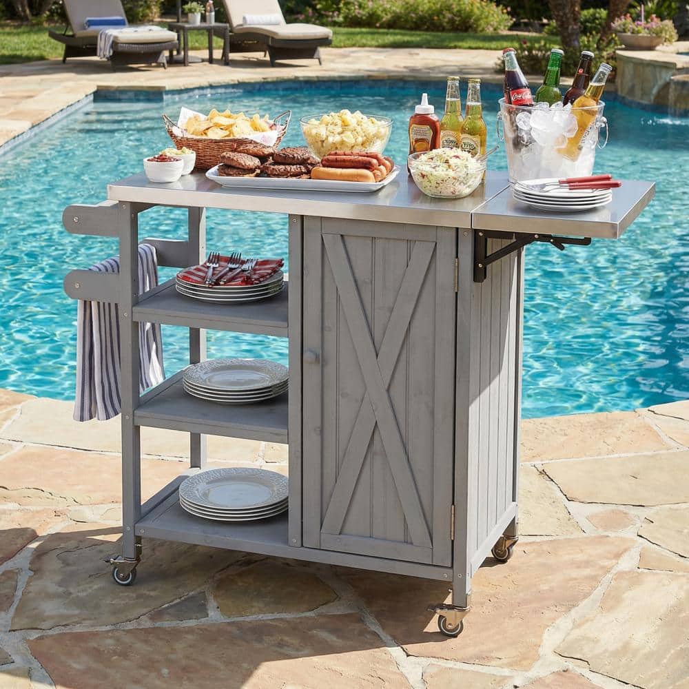 Foldable Outdoor Kitchen Cart with Lockable Wheels, Fir Wood Prep Station, Storage Cabinet & Towel Rack, Grey price history on PriceWatchPro