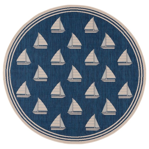 Courtyard Navy/Beige 7 ft. x 7 ft. Border Sailor Indoor/Outdoor Round Area Rug