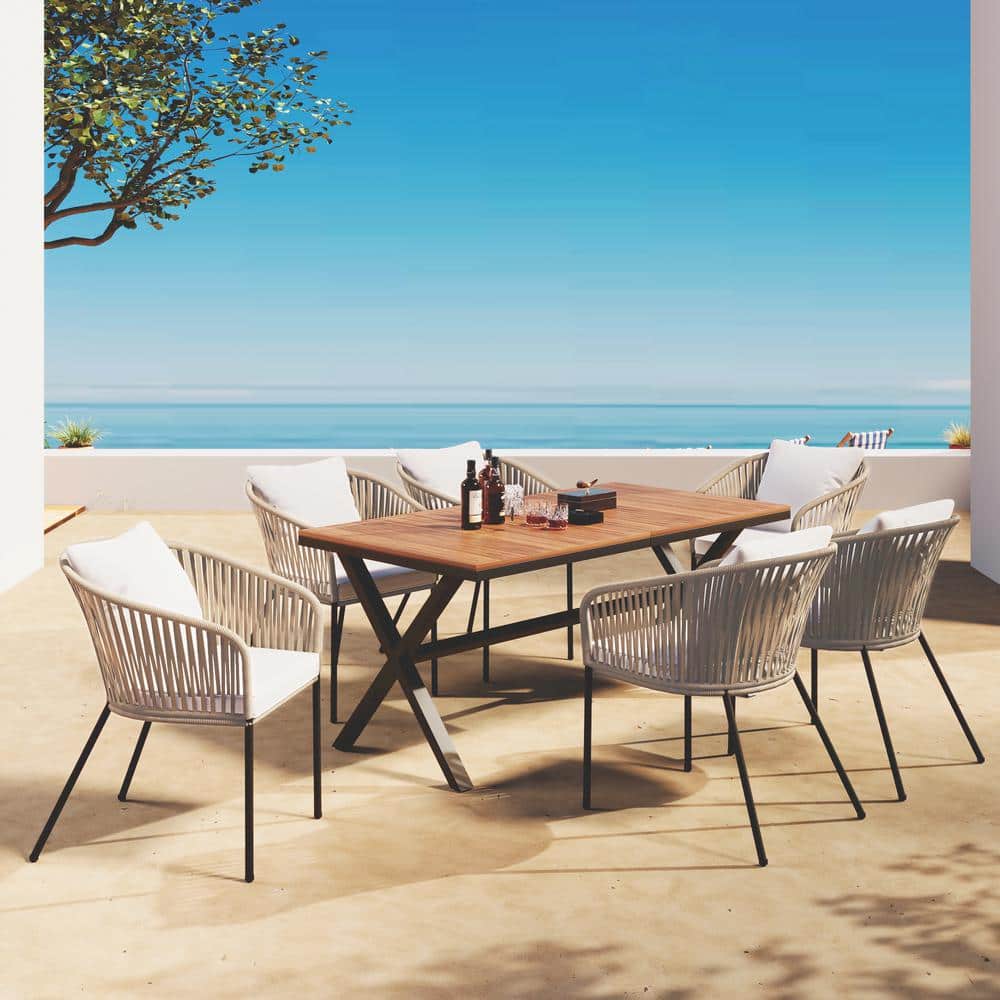 7-Piece Beige Rope Wood Outdoor Dining Set with Beige Cushion and Dining Ta