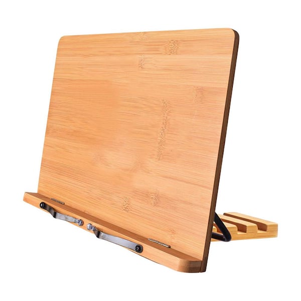Bamboo Adjustable Book Recipe Holder XL Large Foldable Stand with Page Clips for Textbooks Tablets Music Books