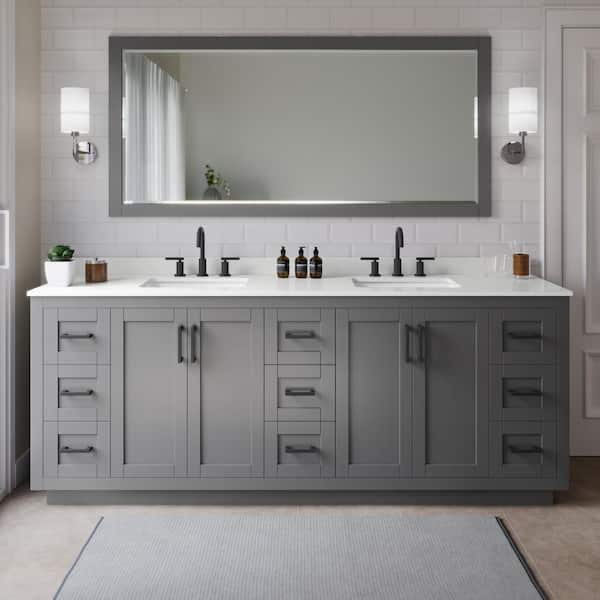 Wyndham Collection Miranda 84 in. W x 22 in. D x 33.75 in. H Double Bath Vanity in Dark Gray with White quartz Top and 70 in. Mirror