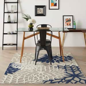 Aloha Ivory/Navy 10 ft. x 13 ft. Floral Modern Indoor/Outdoor Patio Area Rug