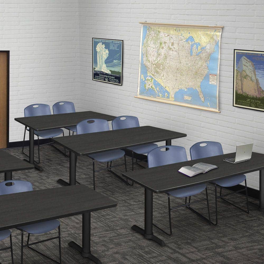 Cain 72 in x 24 in. Grey T-Base Training Seminar Table Desk and 2 Zeng Stack Chairs-Blue