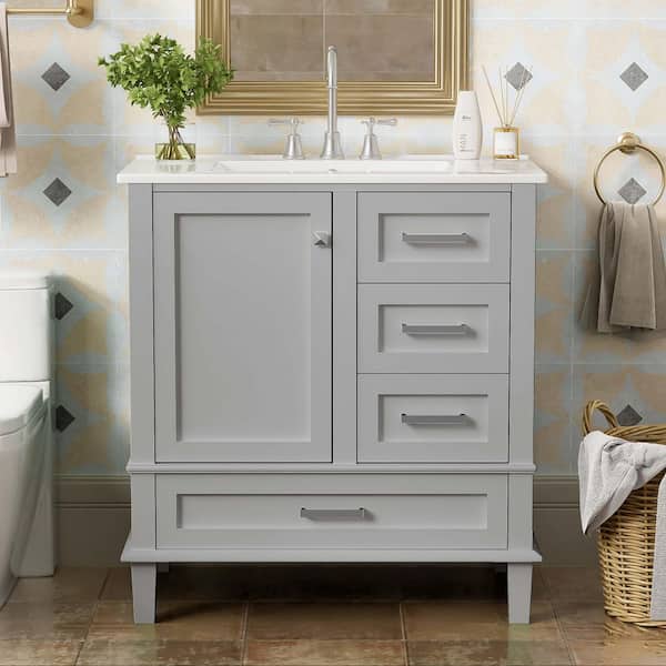 30 in. Gray Bath Vanity with Ceramic Top Sink with a Soft Closing Door and 3 Drawers