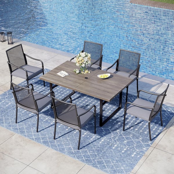 PHI VILLA Black 7-Piece Metal Patio Outdoor Dining Set with U Shaped Rectangle Table and Gourd-Shaped Chairs with Gray Cushions