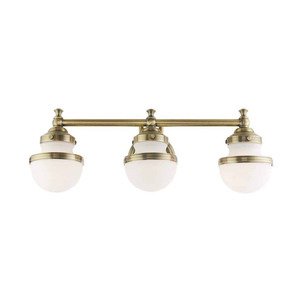 Antique Brass 3-Light Vanity with Hand Blown Satin Opal White Glass