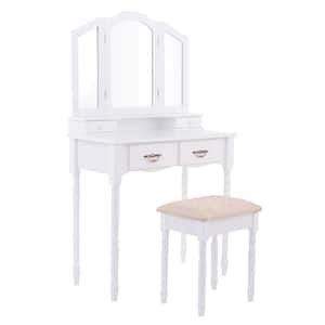 31.5 in. W x 16 in. D x 55 in. H White Vanity Makeup Dressing Table Stool Set with Folding Mirror 4-Drawers
