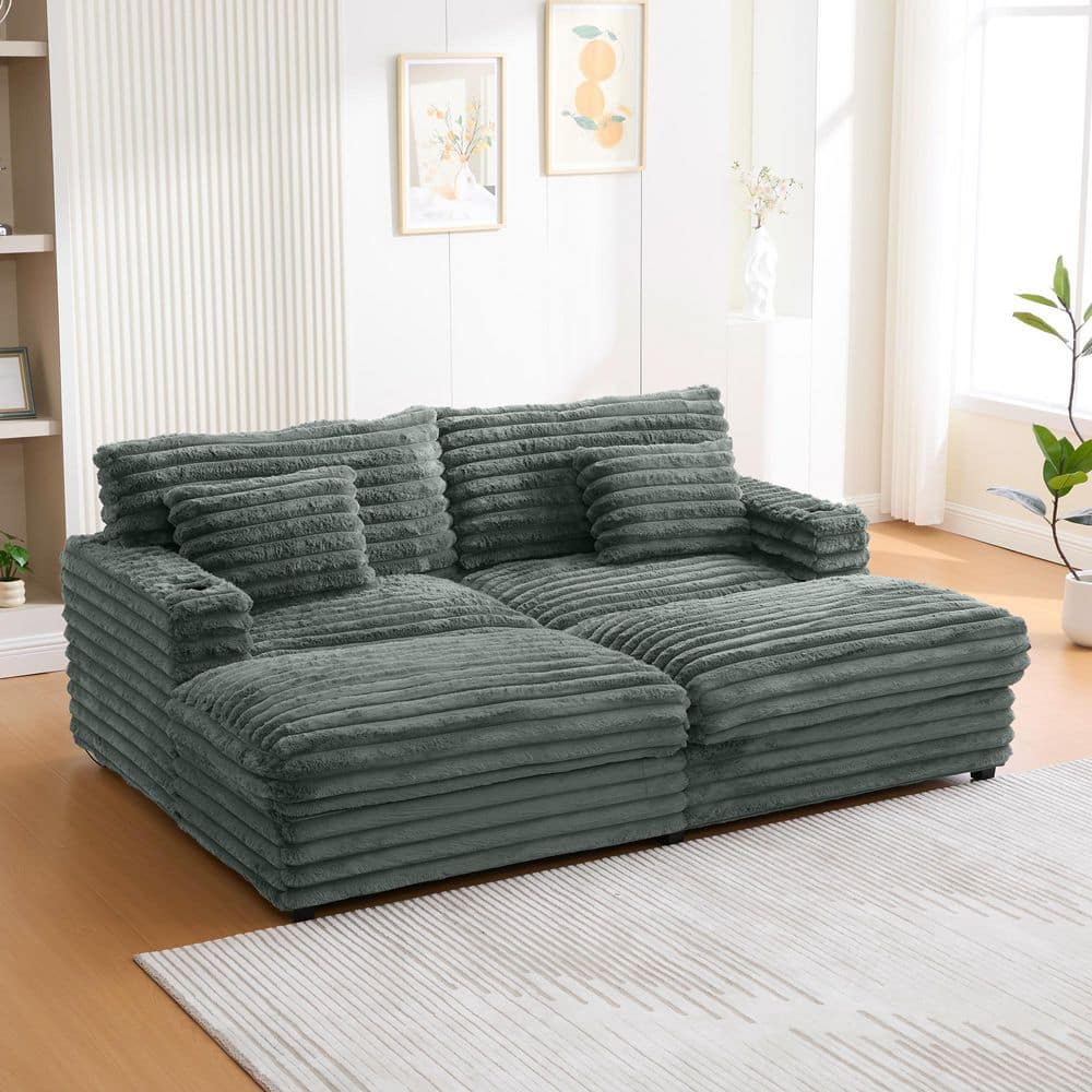Modern 82 in. Sage Green Faux Fur Upholstered Double Chaise Lounge Sleeper Sofa Bed with Pillow, USB Port and Cup Holder price history on PriceWatchPro