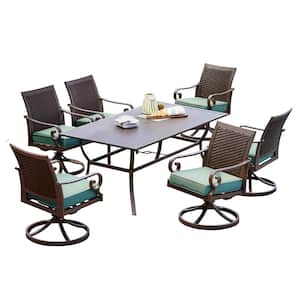 Milano 7-Piece Aluminum Swivel Outdoor Dining Set with Teal Cushions