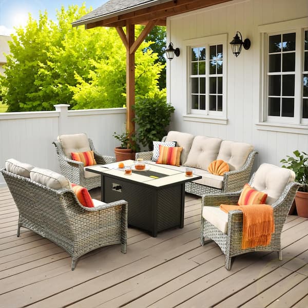 HOOOWOOO Verona 5-Piece Wicker Modern Outdoor Patio Fire Pit Furniture Conversation Sofa Loveseat Set with Beige Cushions
