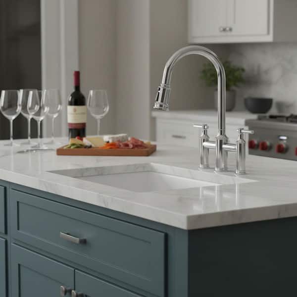 Brass Double Handles High Arc Bridge Kitchen Faucet with 3-Spray Modes Pull Down Sprayer and in Polished Chrome