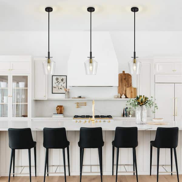 RayHome 60W 1-Light Modern Black and Gold Adjustable Height Pendant Light with 7.88 in Clear Glass for Kitchen Beadroom